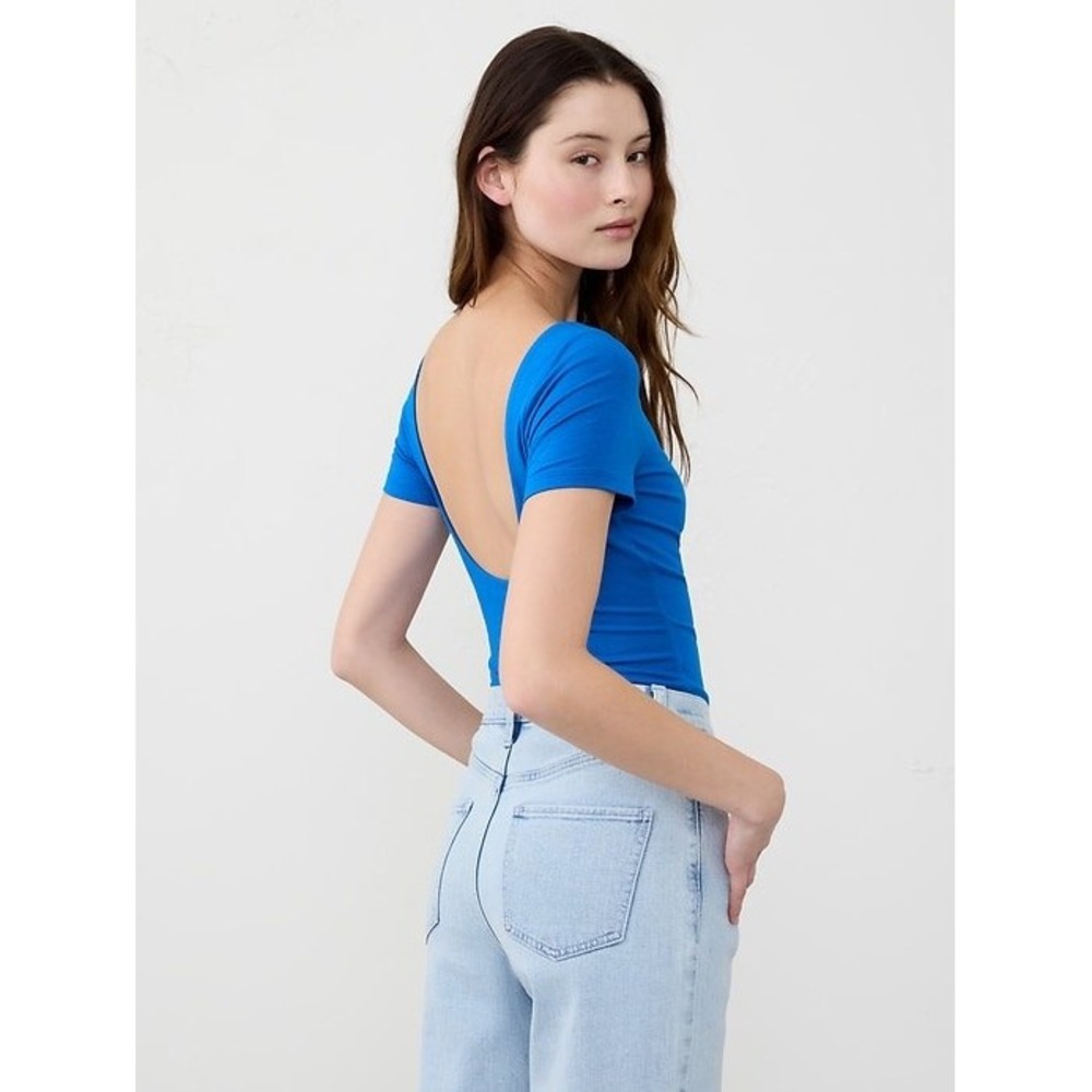 Banana Republic Soft Stretch Blue Boat Neck Deep Scoop Back Top Short Sleeve M